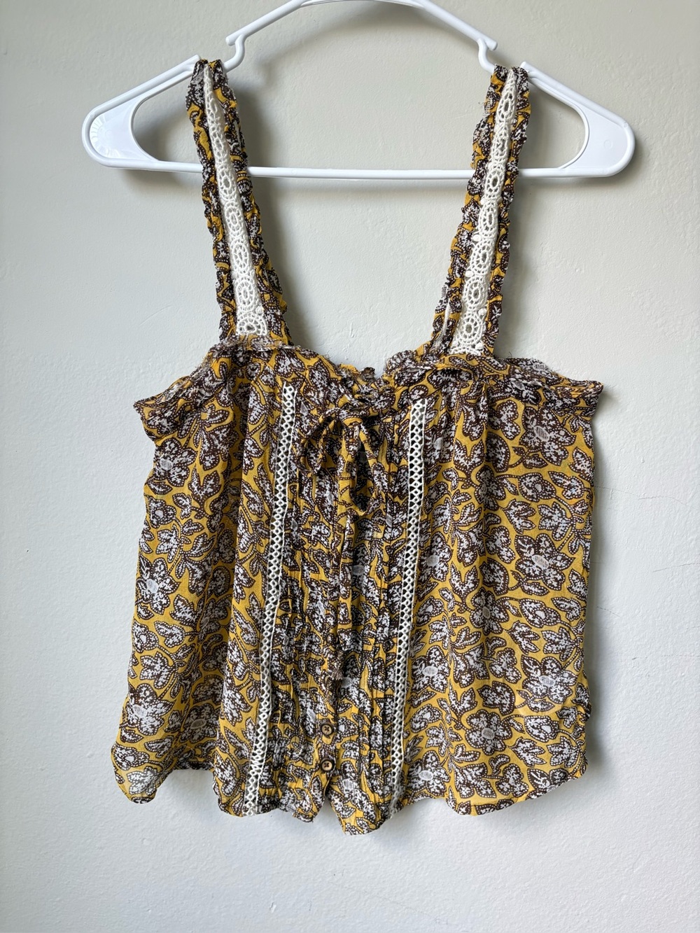 Anthropologie Floral Lace Trim Tank Top Yellow Brown Size 2